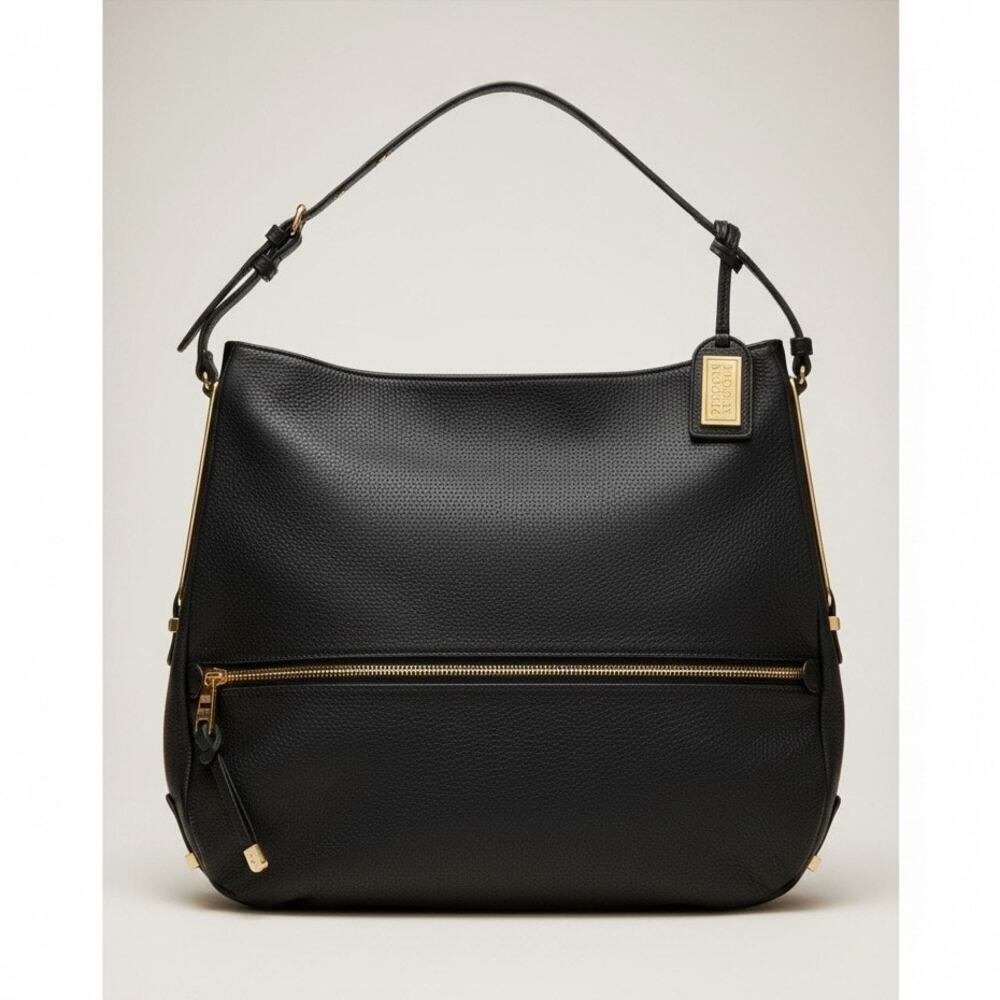 Badgley Mischka Sleek Black Leather Shoulder Hobo Bag Gold Tone Accents